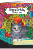 Happy Birthday Dearest Wife Grey Cat sitting on a book card