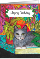 Happy Birthday Grey Cat sitting on a book card