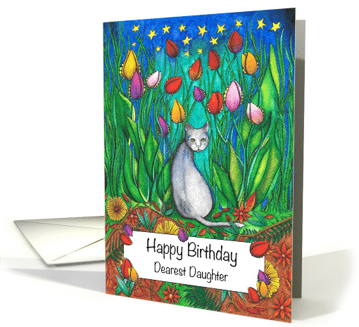 Happy Birthday Dearest Daughter Grey Cat sitting by tulips card