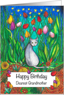 Happy Birthday Dearest Grandmother Grey Cat sitting by tulips card