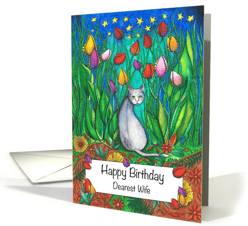 Happy Birthday Dearest Wife Grey Cat sitting by tulips card (1734008)