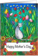 Happy Mother’s Day Grey Cat sitting by tulips card