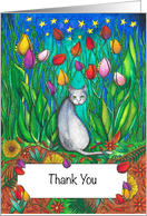 Thank You Grey Cat sitting by tulips card