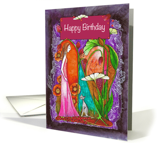 Happy Birthday Woman with Grey Cat in Surreal Garden card (1734072)