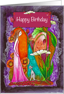 Happy Birthday Woman with Grey Cat in Surreal Garden card