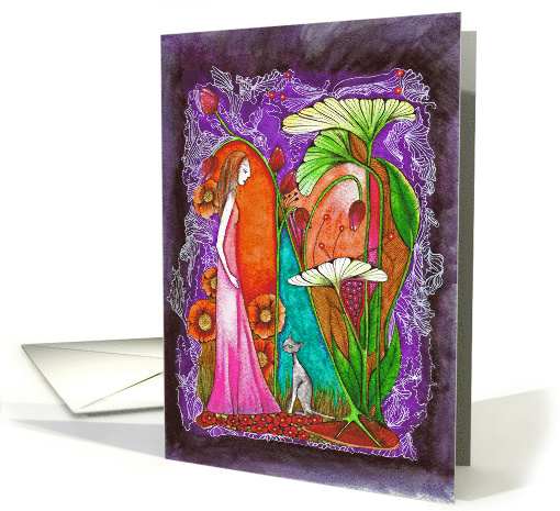 Blank Woman with Cat in Fantasy Garden card (1734076)