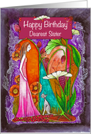 Happy Birthday Dearest Sister Woman with Cat in Fantasy Garden card