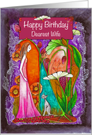 Happy Birthday Dearest Wife Woman with Cat in Fantasy Garden card