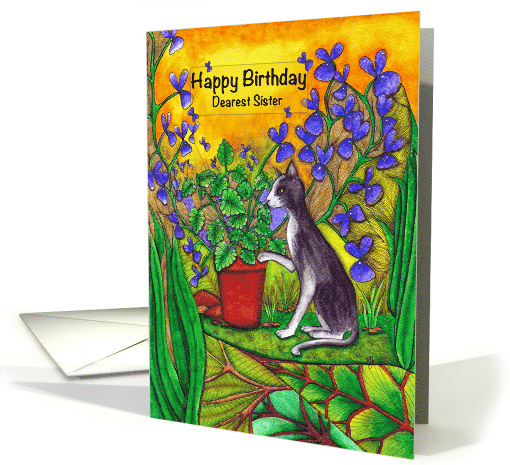 Happy Birthday Dearest Sister Black and White Cat in Garden card