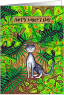 Happy Father’s Day Black and White Happy Cat in Tropical Garden card