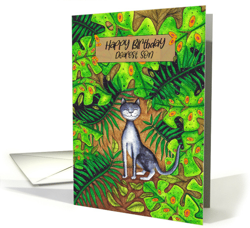 Happy Birthday Dearest Son Cat in Tropical Garden card (1736046)