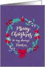 Christmas Wreath, Merry Christmas, Dearest Mother, Purple Distressed Background. card
