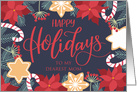 Mom, Happy Holidays, Poinsettia, Candy Cane, Berries, Pine Needles card