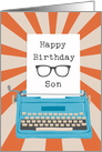 Happy Birthday Son with Typewriter Glasses Silhouette & Sunburst card