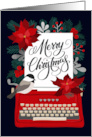 Merry Christmas with Typewriter Bird Holly Berries and Poinsettias card