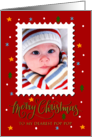 My Pop Pop Custom Photo Postage Stamp with Faux Gold Merry Christmas card