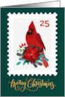 Merry Christmas with Cardinal Poinsettia and Rose Hip Postage Stamp card
