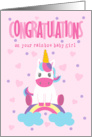 Congratulations on Rainbow Baby Girl with Unicorn sitting on Rainbow card
