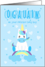 Congratulations on Rainbow Baby Boy with Unicorn sitting on Rainbow card