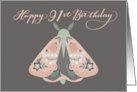 Happy 91st Birthday Beautiful Moth with Flowers on Wings Whimsical card