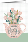 Happy Birthday Doula with Pink Polka Dot Teapot of Flowers card