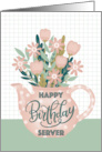 Happy Birthday Server with Pink Polka Dot Teapot of Flowers card