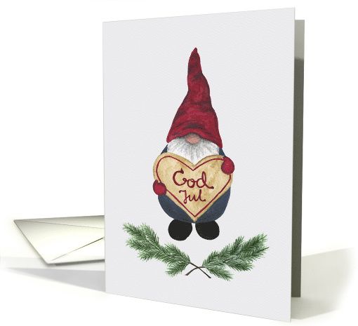 Tomten holding a pepparkaka, God Jul, gingerbread, santa, Swedish card