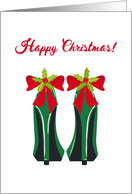 Christmas, Green High Heels, Holly, Red Bow card