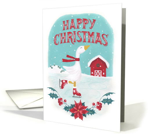 Goose, Ice Skating, Barn, Happy Christmas, Holly card (1523244)