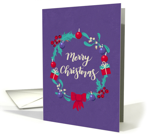 Merry Christmas, Wreath, Mistletoe, Purple Distressed Background card