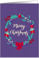Merry Christmas, Wreath, Mistletoe, Purple Distressed Background card
