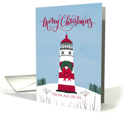 Merry Christmas, Lighthouse, Wreath, Nautical, From All Of Us card