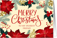 Merry Christmas, Poinsettia, Holly, Berries, Faux Gold, Friend card