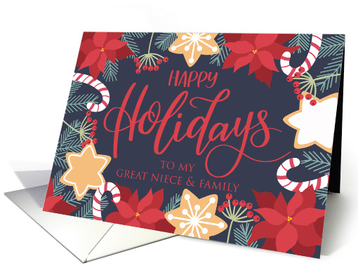 Great Niece and Family, Happy Holidays, Poinsettia, Candy Cane card