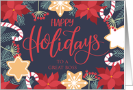 Boss, Happy Holidays, Poinsettia, Candy Cane, Berries card