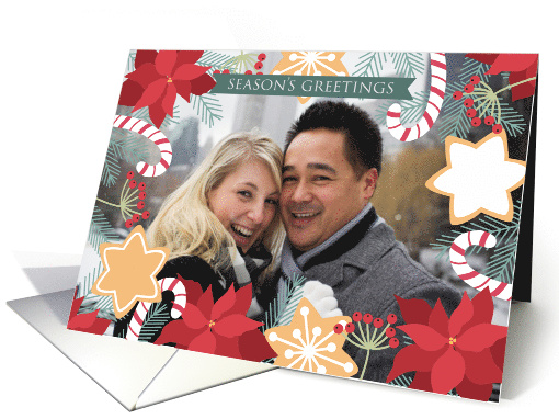 Season's Greetings, Poinsettia, Candy Cane, Gingerbread, Photo card