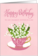 65, Sister-In-Law, Happy Birthday, Teacup, Lily of the Valley, Flowers card