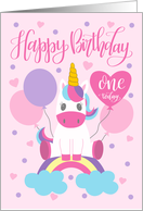 1st Birthday Unicorn Sitting On Rainbow Surrounded By Balloons card