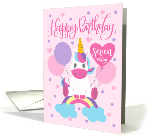 7th Birthday Unicorn Sitting On Rainbow Surrounded By Balloons card