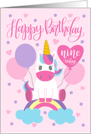 9th Birthday Unicorn Sitting On Rainbow Surrounded By Balloons card