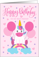 Birthday Best Friend Unicorn Sitting On Rainbow Surrounded By Balloons card