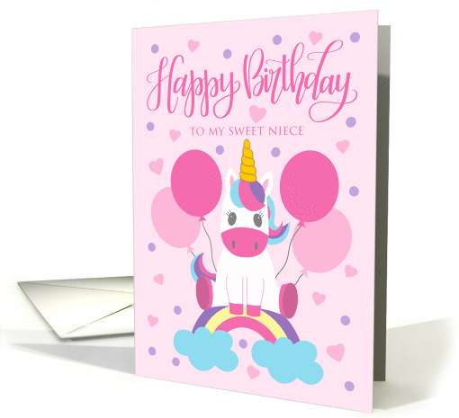 Birthday Niece Unicorn Sitting On Rainbow Surrounded By Balloons card
