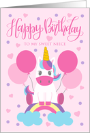 Birthday Niece Unicorn Sitting On Rainbow Surrounded By Balloons card