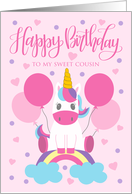 Birthday Cousin Unicorn Sitting On Rainbow Surrounded By Balloons card