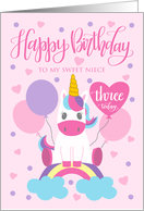 3rd Birthday Niece Unicorn Sitting On Rainbow Surrounded By Balloons card