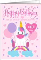 1st Birthday Goddaughter Unicorn Sitting On Rainbow With Balloons card