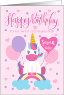 7th Birthday Goddaughter Unicorn Sitting On Rainbow With Balloons card