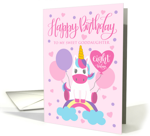 8th Birthday Goddaughter Unicorn Sitting On Rainbow With Balloons card
