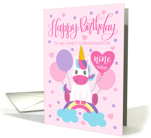9th Birthday Goddaughter Unicorn Sitting On Rainbow With Balloons card