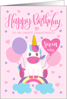 7th Birthday Grandniece Unicorn Sitting On Rainbow With Balloons card